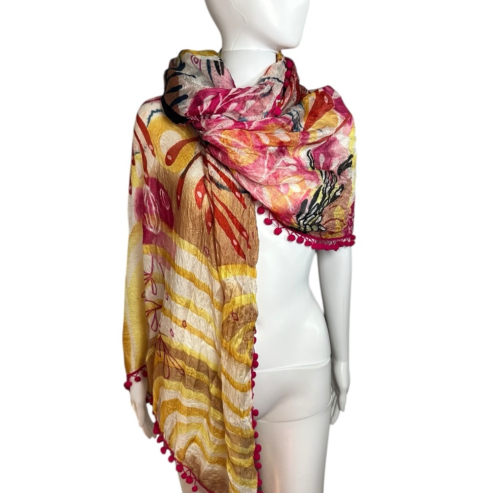 Lulla Silk Vibrant Floral Scarf Wrap with Pom-Pom Trim